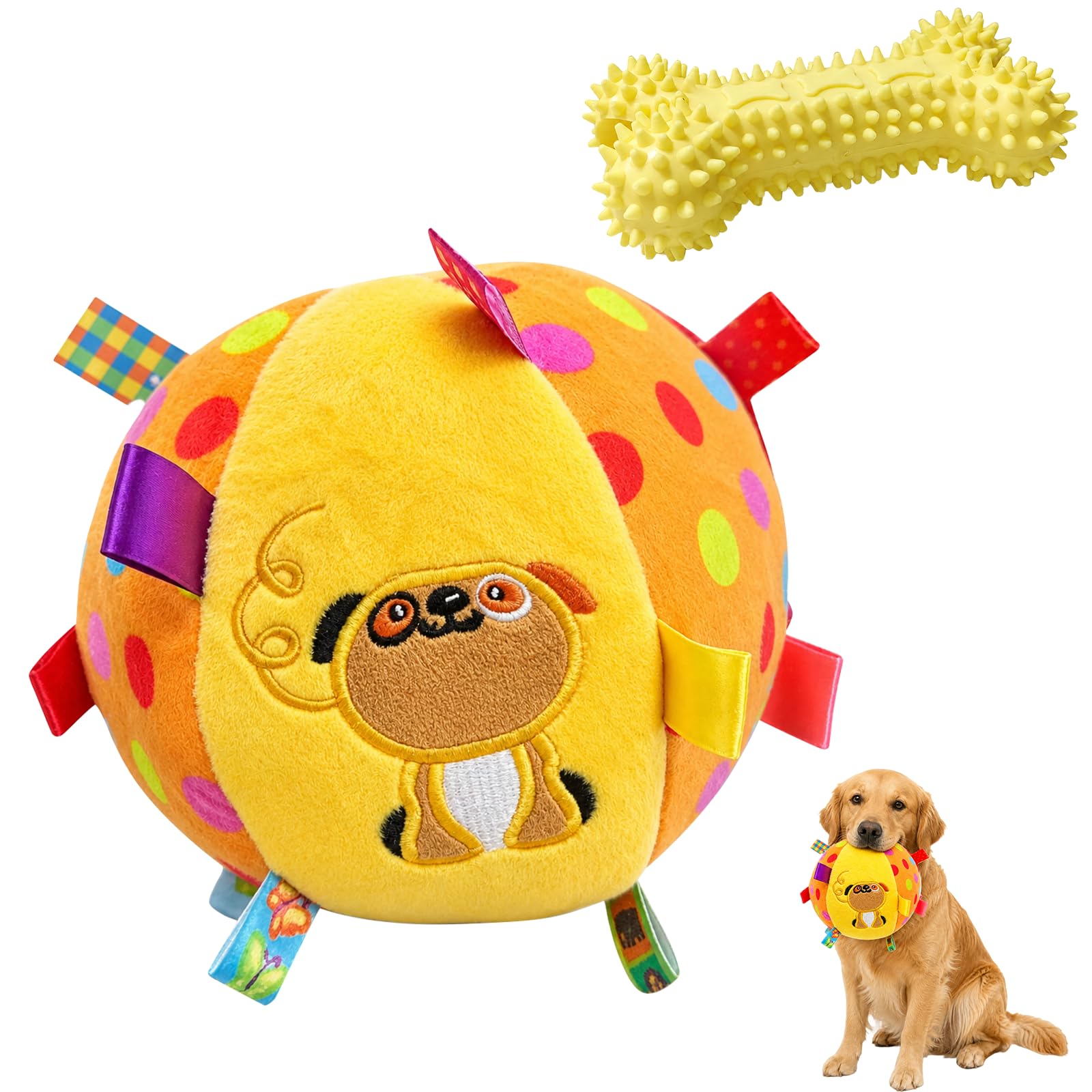 DVDVBOOM Plush Dog Toy Set, Cotton Stuffed Ball with Silicone Toothbrush Bone, Interactive Chew Toy for Dogs, Dental Care Toy for Teeth Cleaning, Training & Indoor Play