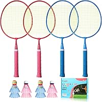 PULEEBO Kids Badminton Set: 4 Lightweight Rackets, 8 Shuttlecocks (Blue Soft & Pink Farther), Storage Bag for Ages 3-12 Family Outdoor Fun