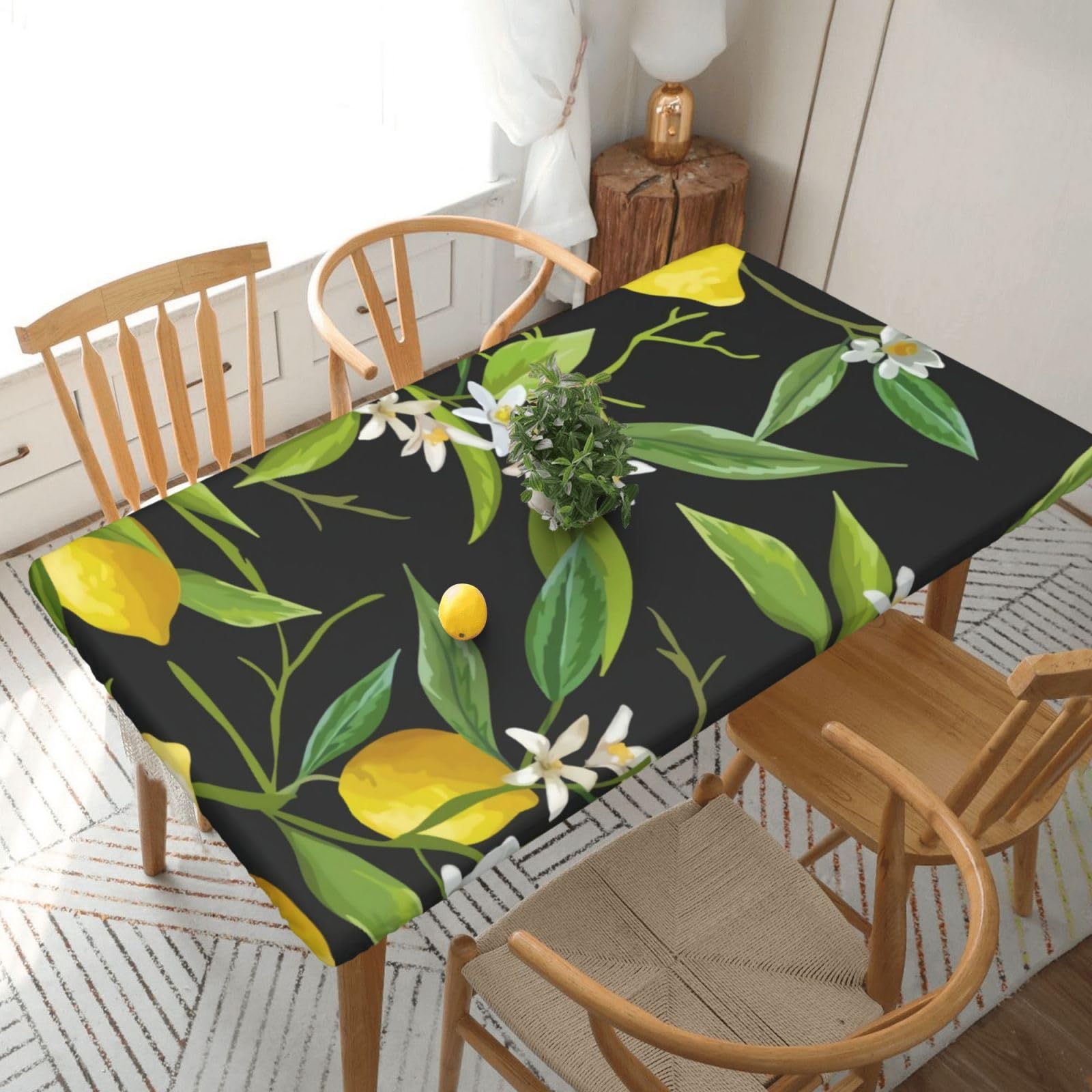 BNVSADC Lemon and Flower Printed 5FT Tablecloth Polyester Kitchen Water Resistant Table Cloth Dining Table Decoration Table Covers, 152x76 CM