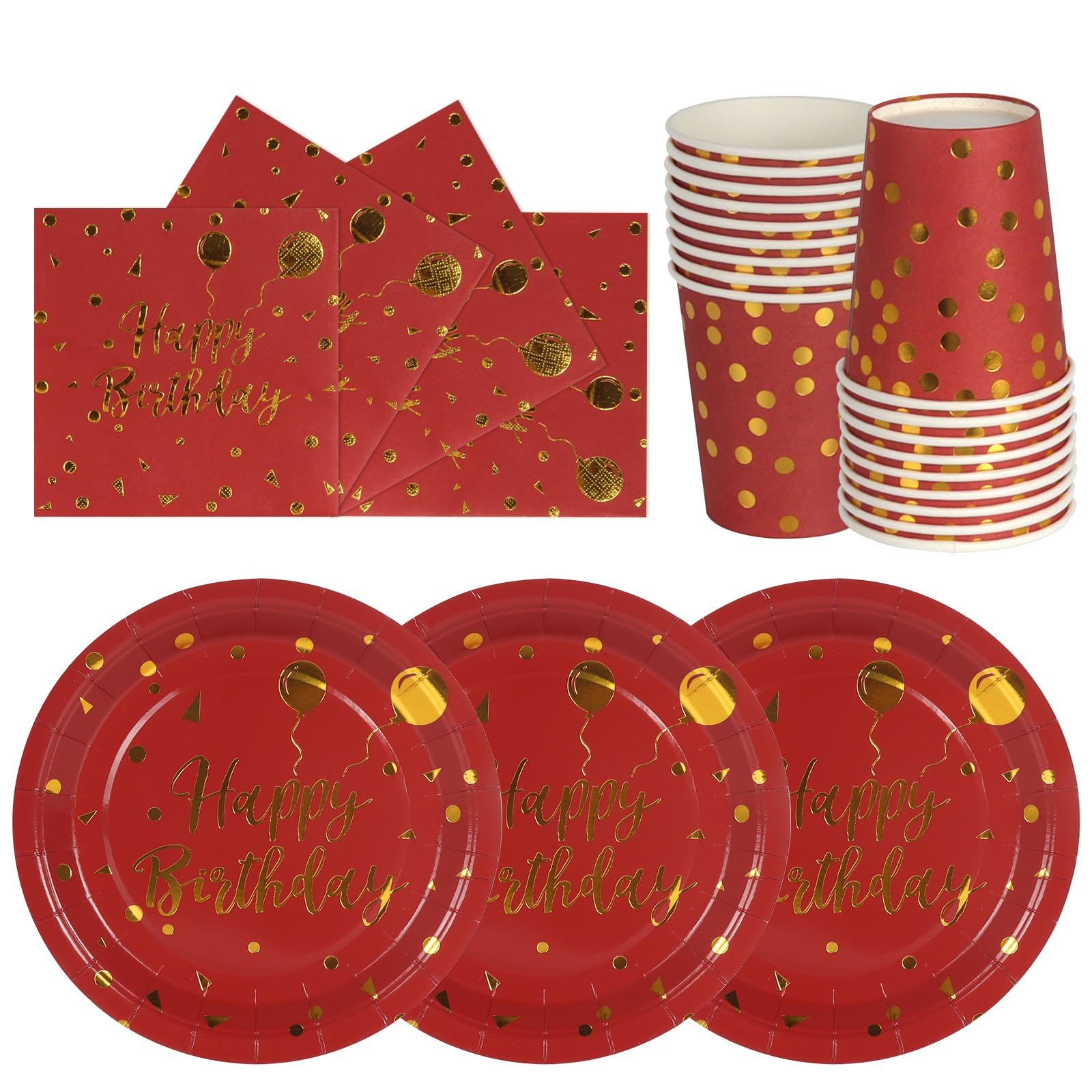 hailstones Vermilion Red Gold Dots Party Tableware Set for 24 Guests, Happy Birthday Party Plates Set, Disposable Plates Cups Napkins Paper Plates, Kids Men Birthday Decor — image 1