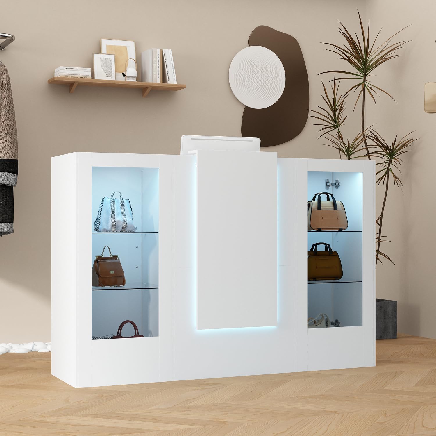 AIEGLE Modern Reception Desk, Front Desk Reception Counter, 59.1" W Check Out Counter with Storage, LED Lights, Cable Grommet & Adjustable Glass Display Shelf for Salon, Lobby, White