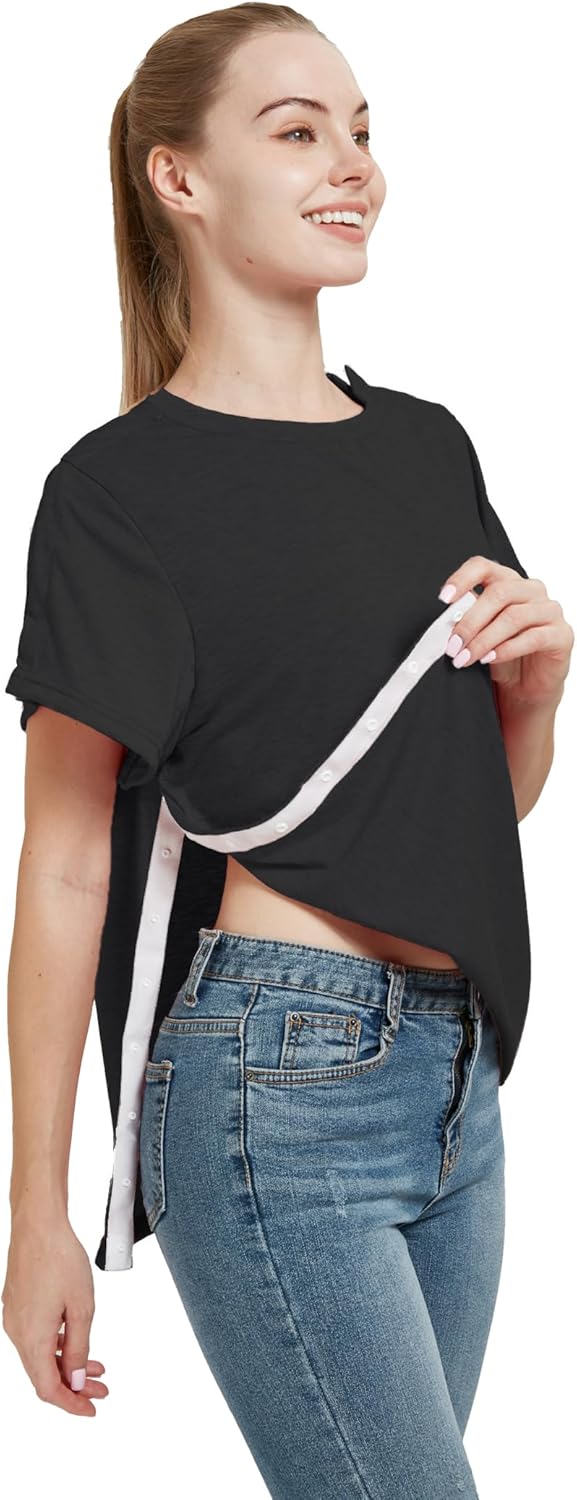 Post Shoulder Surgery Shirt, Women's Short Sleeve Shirt with Premium Snap, Chemo Clothing