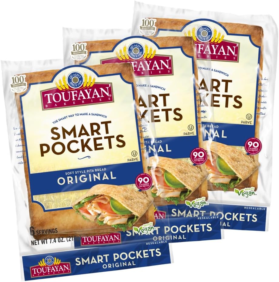 Toufayan Original Smart Pockets Pita Bread | Pre-Cut & Scored Sandwich Pockets | Freeze on Arrival (3 Packs, 18 Total)