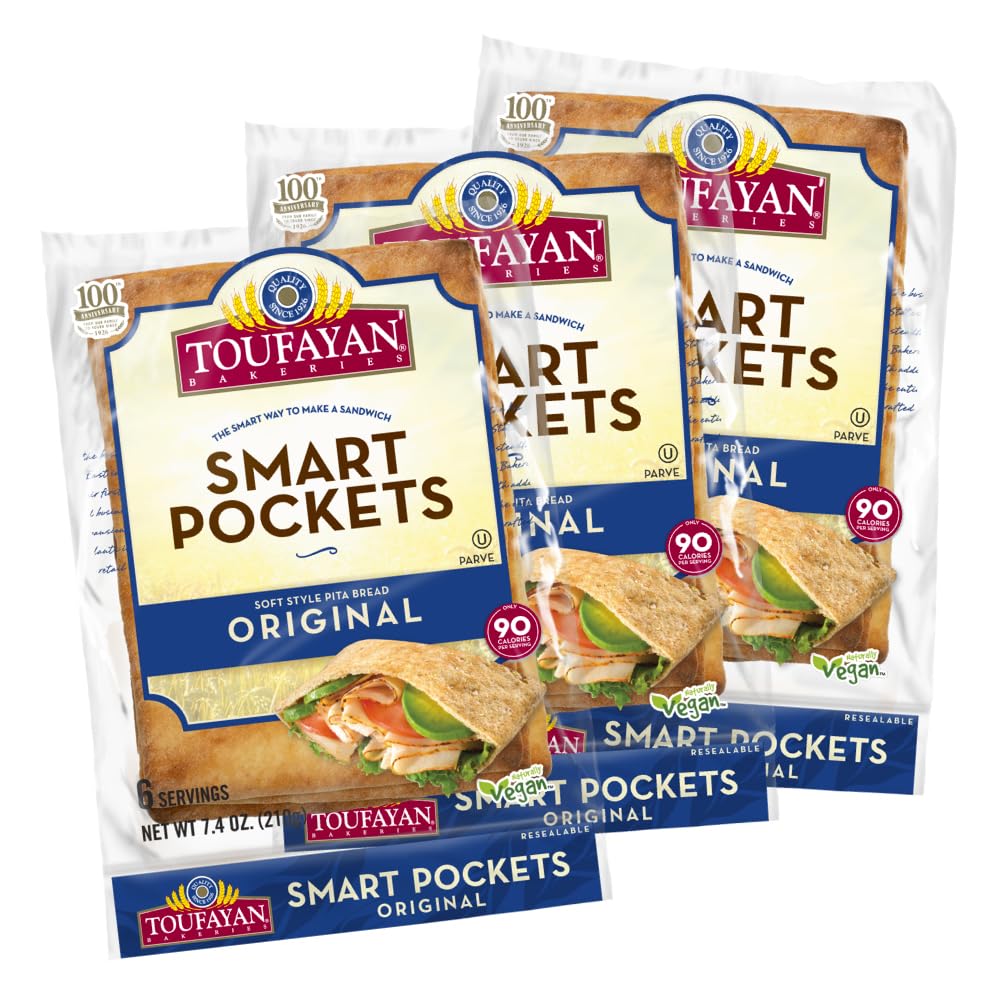 Toufayan Original Smart Pockets Pita Bread | Pre-Cut & Scored Sandwich Pockets | Soft, Vegan, Kosher (3 Packs, 18 Total)
