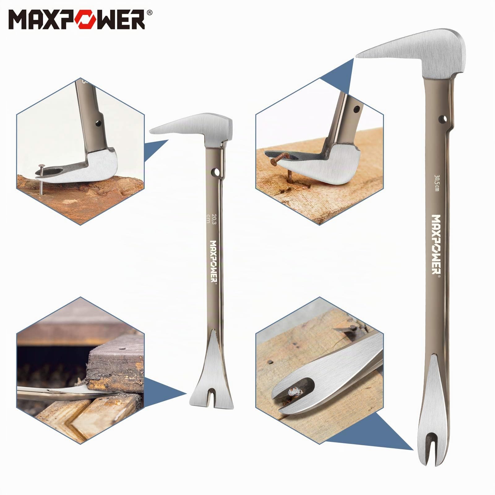 MAXPOWER Pied de Biche,Arrache Clou,2 Pièces Arrache-Clous,Petit Pied de Biche Pry Bar Set 8-Inch/21cm and 12-Inch/30cm Arache clou
