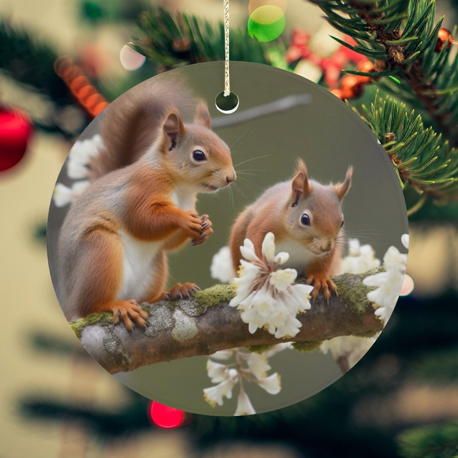 Squirrels Christmas Ornament for Christmas Tree Ceramic Round Ornament Winter Holiday Keepsake Gift 2.7" Christmas Tree Hanging Decorations Circle Ceramic Pendant Xmas Gift