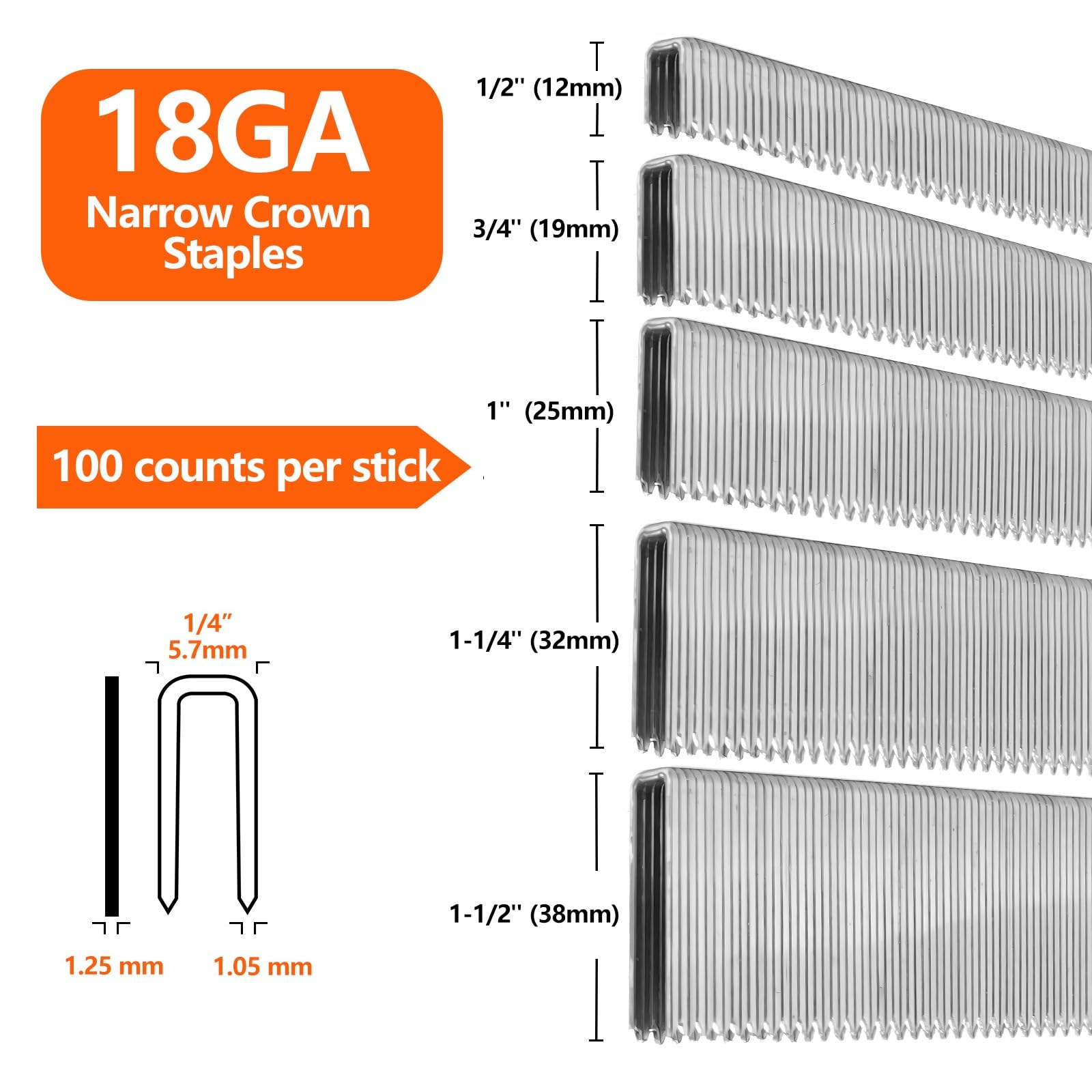 1000 unidades de 1-1/2 pulgadas de longitud, calibre 18 1/4 pulgadas de corona estrecha, grapas galvanizadas puntiagudas biseladas de alta resistencia, para pistola grapadora neumática y