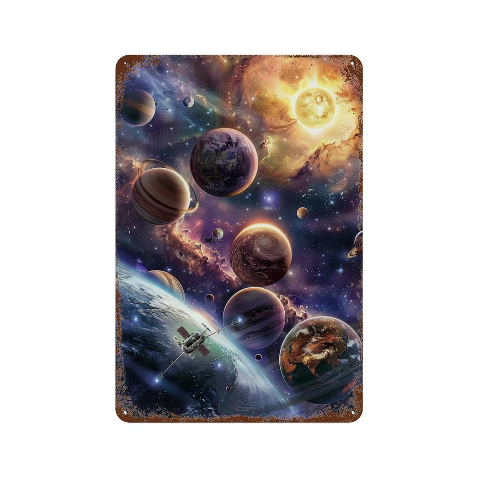 Galactic Exploration Adventure Vintage Wall Sign 11.8"x7.9", Rust Effect Metal Decor for Office, Studio And Wall Decor