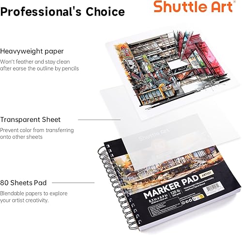 Miniatura 2 de Shuttle Art Marker Pad, 8.3x8.9 Portable Square Sketchbook, 80 Sheets Marker Drawing Paper, 120LB200GSM Bleedproof Art Paper, Spiral-Bound, Great