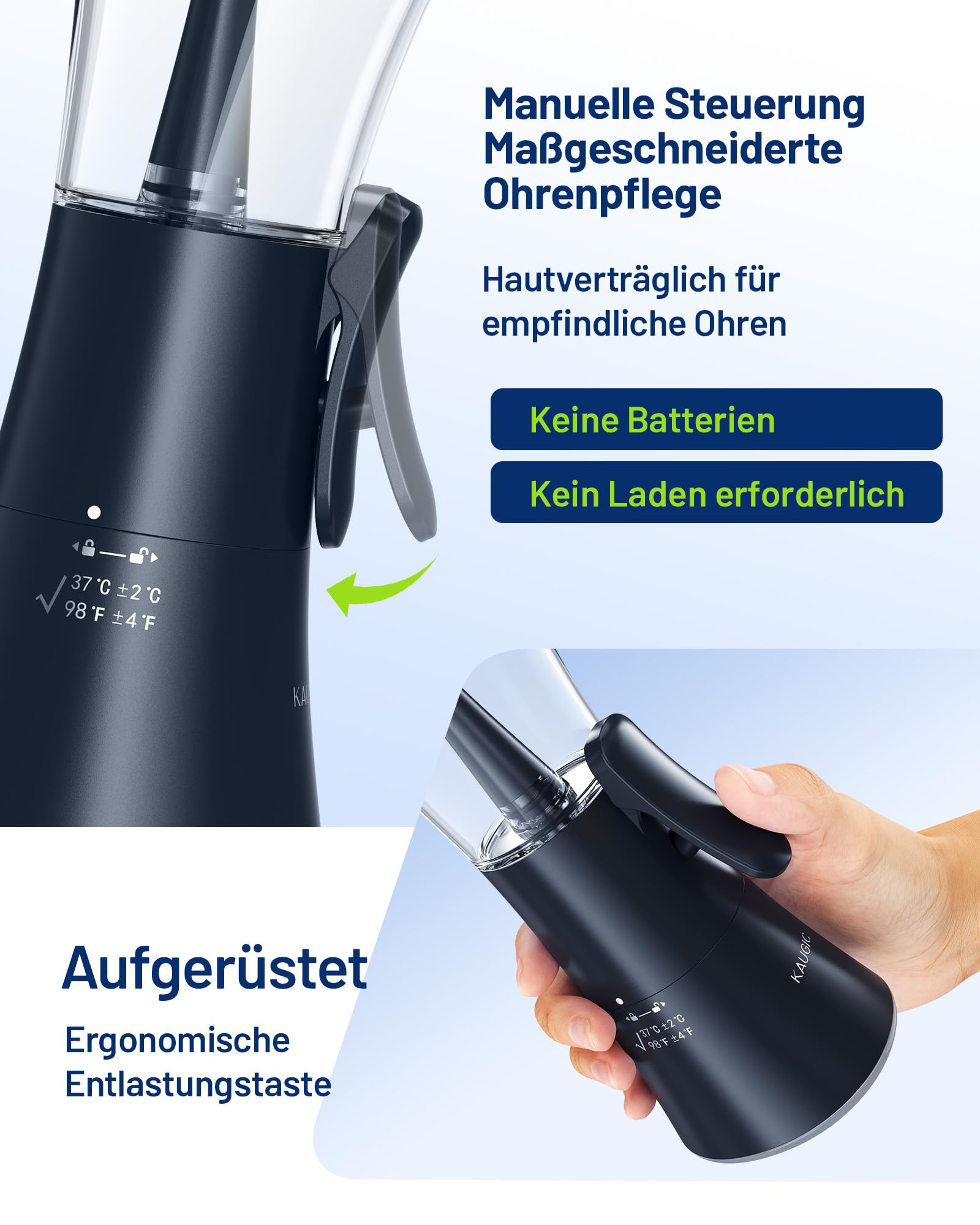 KAUGIC Manuelles Ohrpflege-Set mit 4 Silikonaufsätzen, Integrierter Wassertank für tägliche äußere Ohrhygiene, blaugrau
