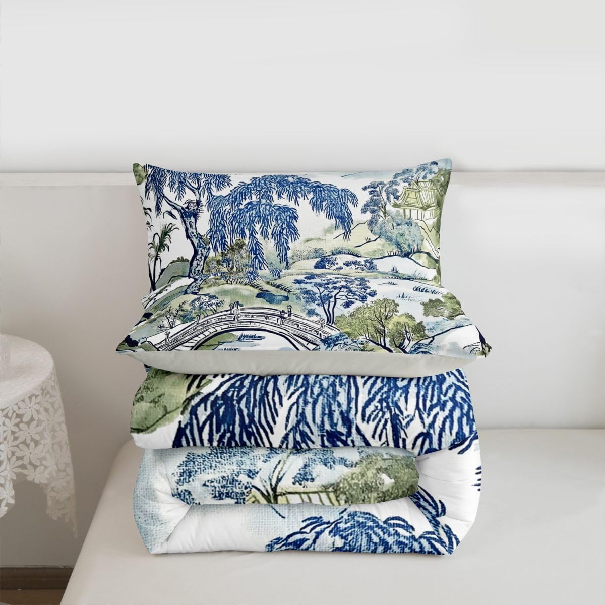 Feelyou Chinese Landscape Painting Comforter Set Toddler Vintage Chinese Art Design Bedding Set for Kids Boys Girls Nature Theme Duvet Quilt Oriental Garden Bedroom Decor 2 Pcs with 1 Pillow Cases