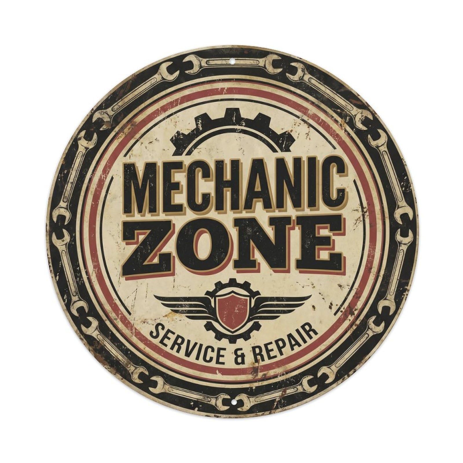 Mechanic Zone Garage Workshop Tools Tool Label Rustic Metal Tin Sign Plaque Wall Decor for Cafe, Man Cave, Club Bar, Office, Home Garden Round Metal Poster 8x8Inch