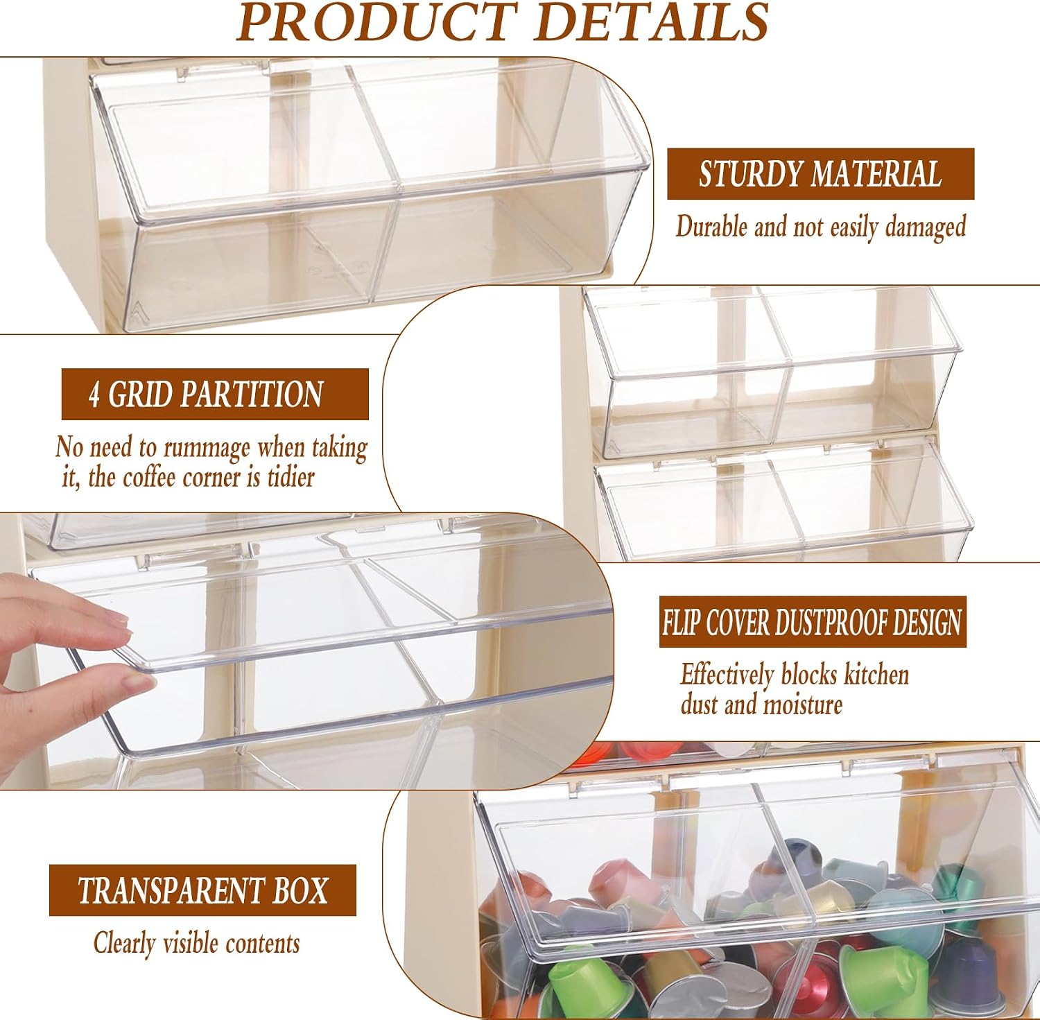 Coffee and Tea Organizer with Lid, Large Plastic Bar Organizer, Bar Accessories Storage Box for Kitchen, Countertop, Bar, K Cups, Coffee Pod, Tea, Sugar Bags (Beige)