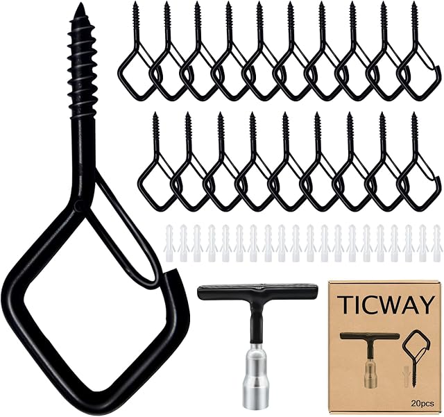 Ticway 20 Pcs Screw in Hooks with Safety Buckle - Black Metal Ceiling Hooks,Outdoor Garden Hooks - Hooks for Hanging Plants, Cup, Fairy Light, Birdcage, Christmas Decor, Wind Chimes (Black)