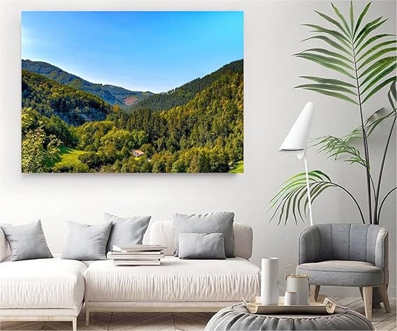 VERRE ART Wood Framed Canvas - Wall Decor for Living Room, Bedroom, Office, Hotels, Drawing Room (34in X22in) - Nature Valley Mountains Forest Hill