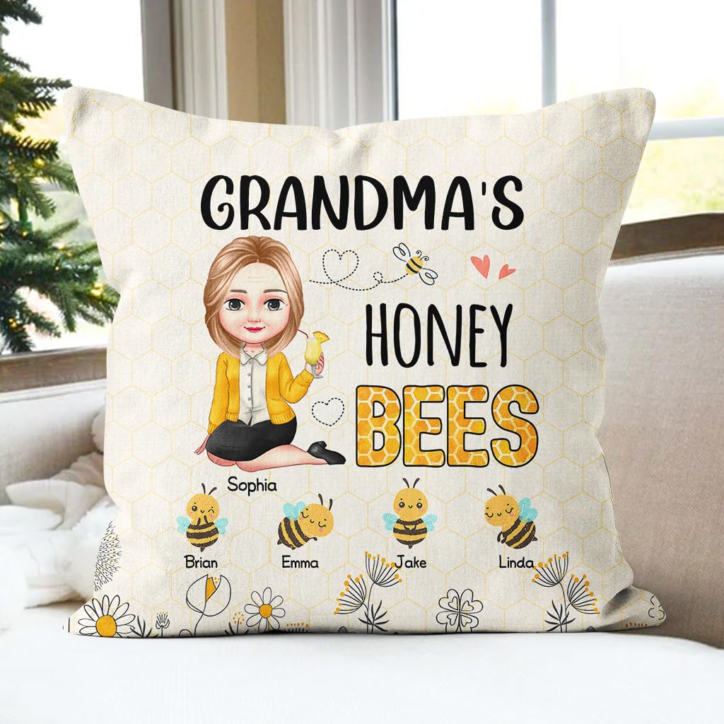 Gifts for Grandparents, Grandma's Honey Bees Kids Flowers, Personalized Square Pillow, Gifts for Grandma Nana from Grandkids, Sofa Couch Cushion, Gifts for Birthday Mother's Day