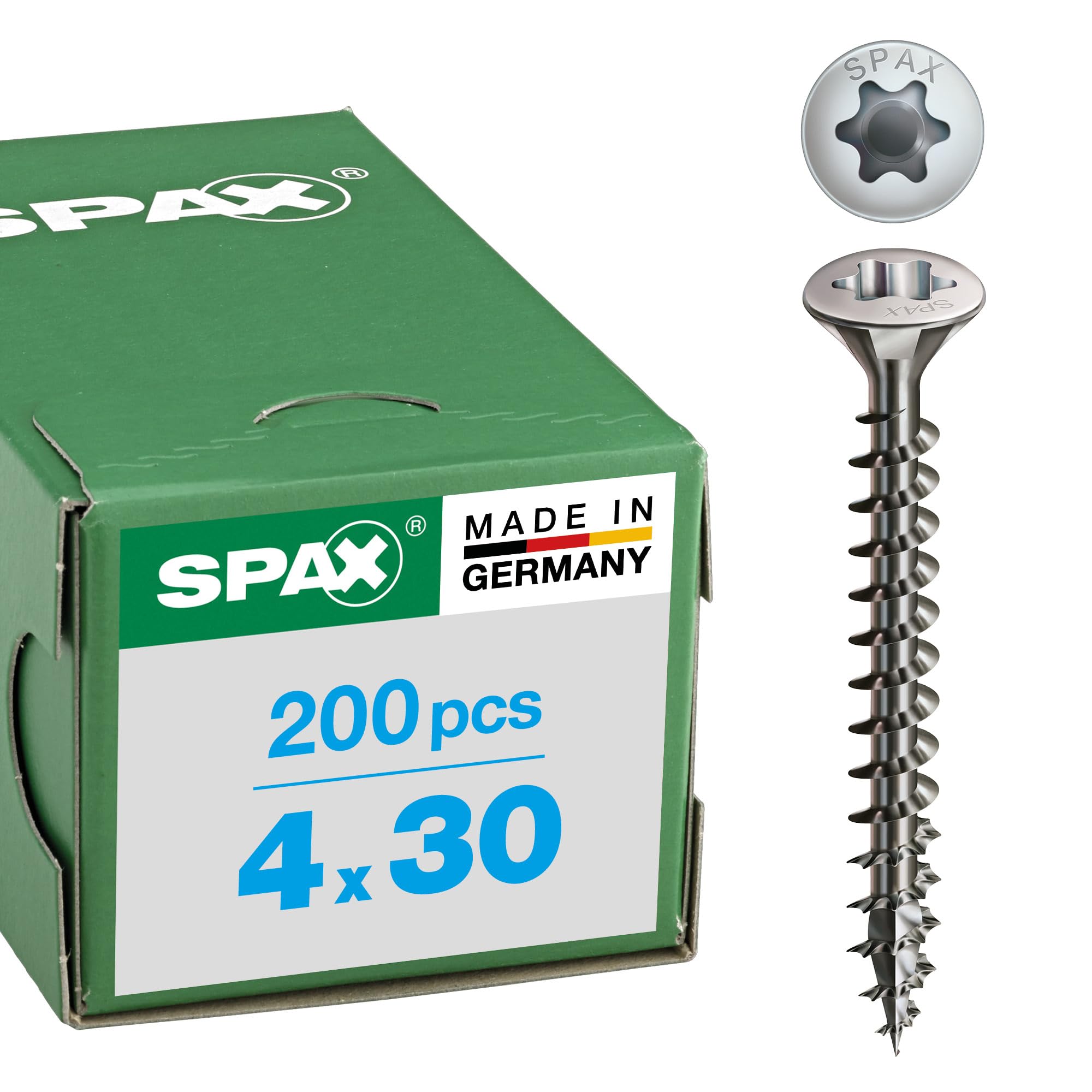 SPAX Stainless-steel screw, 4 x 30 mm, 200 pieces, full thread, raised countersunk head, T-STAR plus T20, 4CUT, stainless steel A2-0627000400303