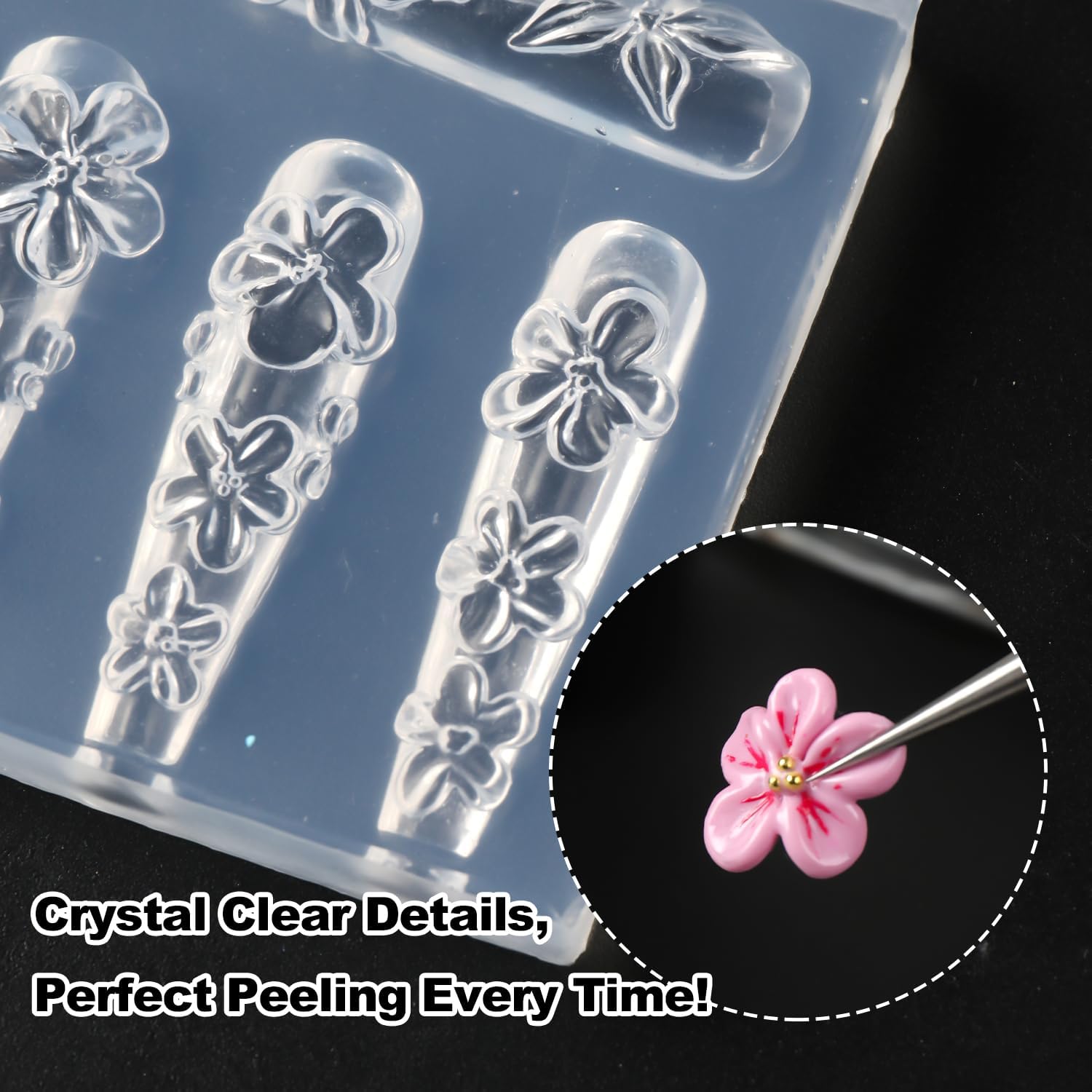 2PCS Silicone Nail Art Molds, Spring Summer Flower Nail Charms Molds Sakura Lily Floral Design Clear Modeling Templates Silicone Nail Tools with Carving Pen for Salon Nails Design
