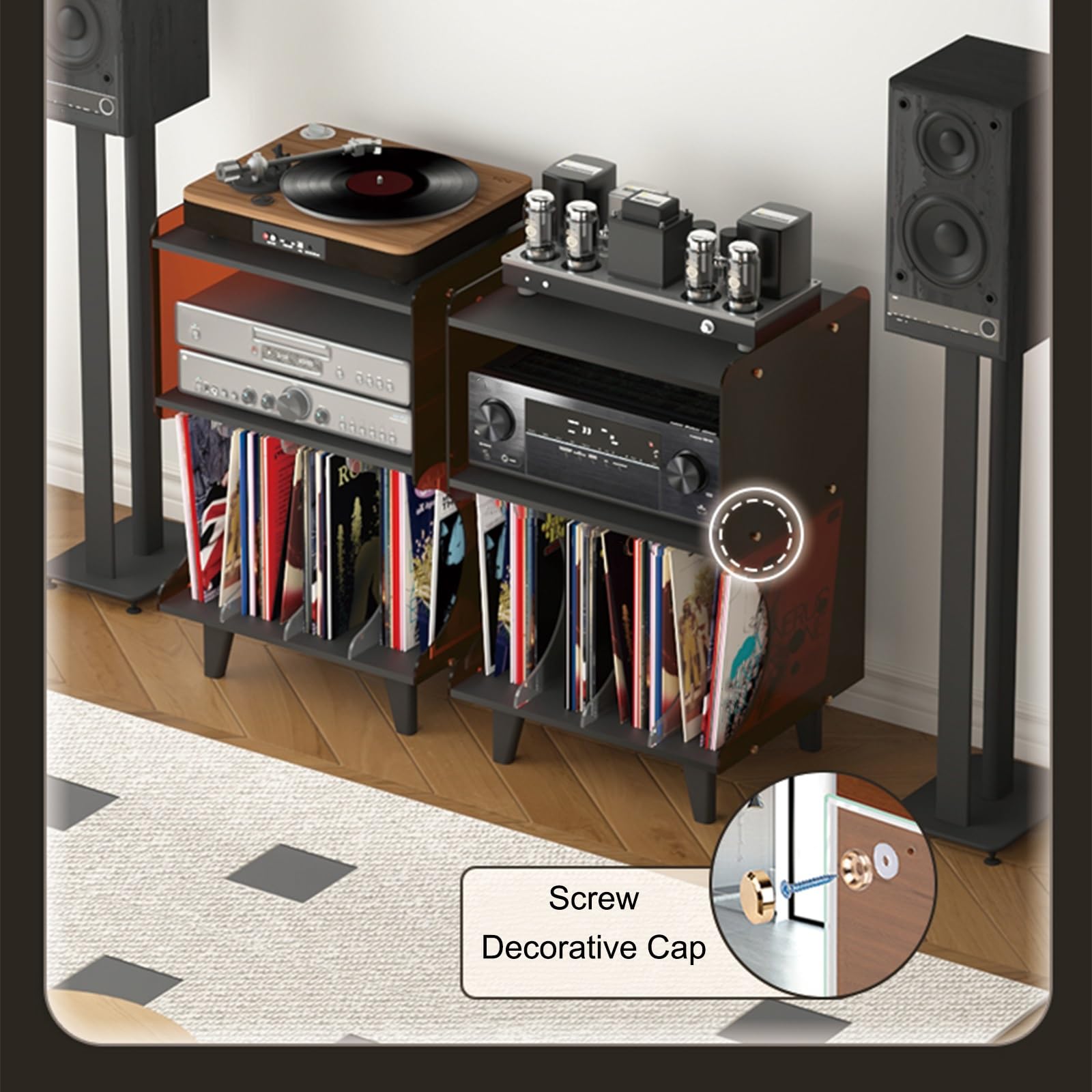 Supporto multimediale a 3 livelli per componenti audio/video, elegante supporto girevole con archiviazione per dischi in vinile, armadietto moderno per intrattenimento con area espositiva (marrone)