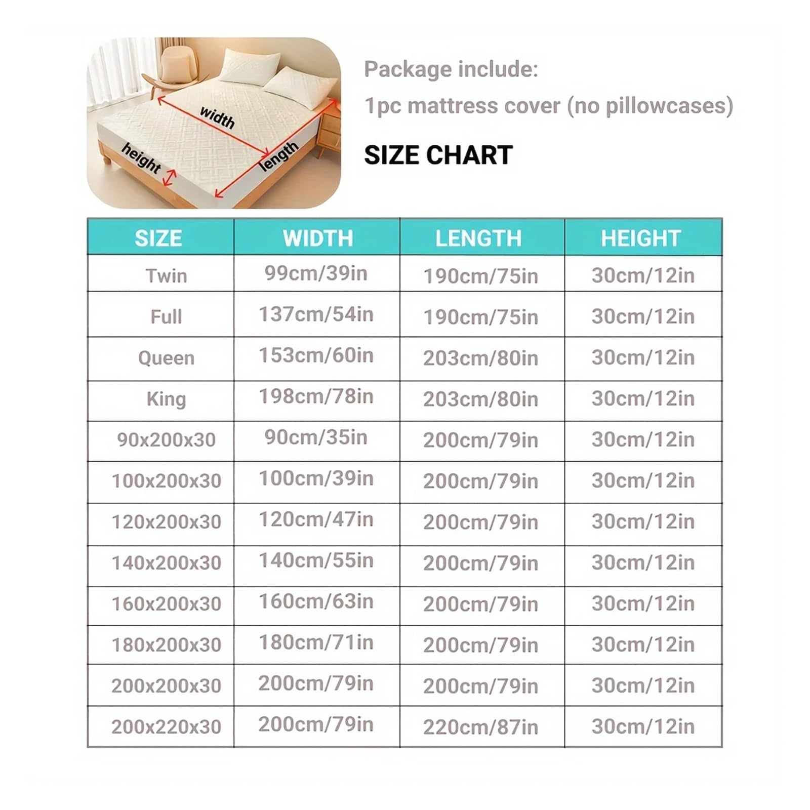1 protège-Matelas matelassé épais et imperméable, antidérapant Anti-poussière, Drap-Housse pour Les Chambres et Les hôtels(White,180x200x30cm)