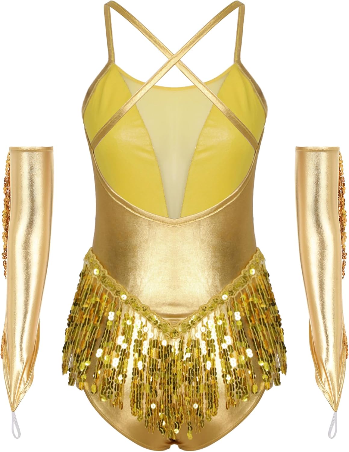 Women's Samba Ballroom Dance Costume Sparkly Sequin Latin Dance Leotard with Fringe Metallic Gloves