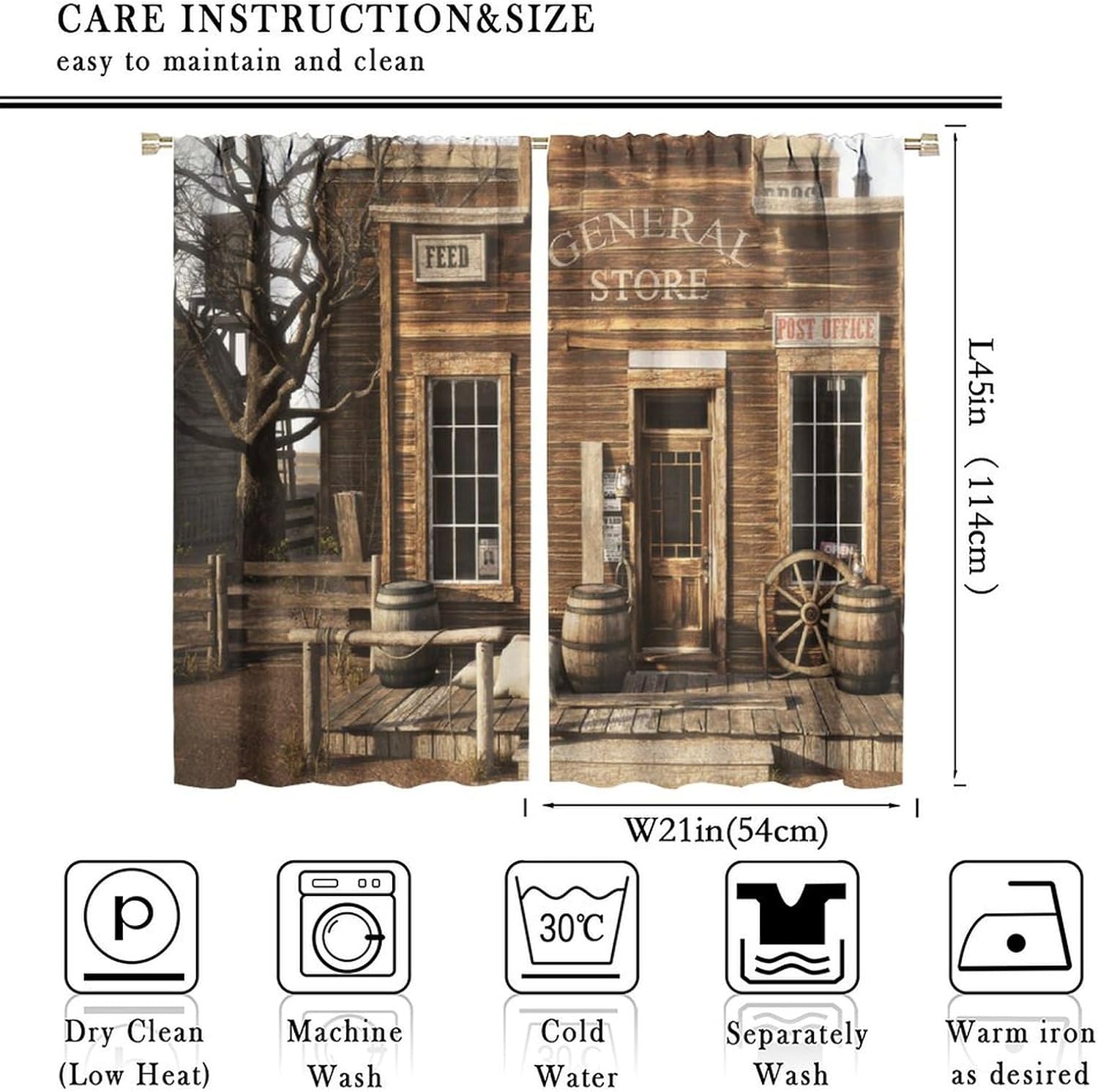 Vintage Rustic Western Town Curtains, Cowboy Theme Wild Country Rural Wood Farmhouse Cabin, Thermal Insulation Blackout Rod Pocket Window Treatments for Living Room Bedroom Kitchen Bathroom 42x45in