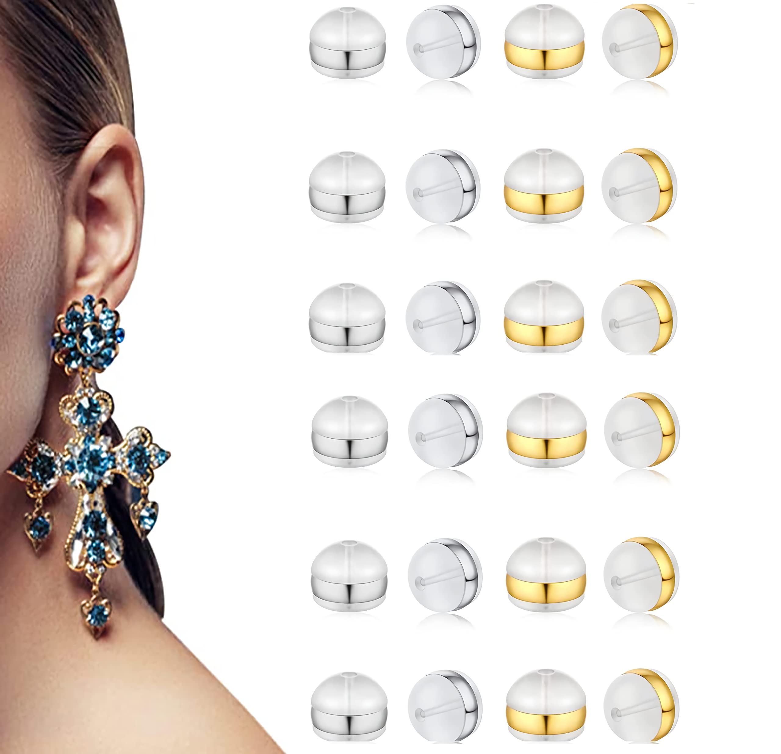 ELECDON Earring Backs for Studs Silver & Gold Belt Rubber Soft Silicone Earring Backs Replacements Hypoallergenic Safety Plastic Earring Back for Jewelry Accessories Supplies Fish Hook, 24pcs