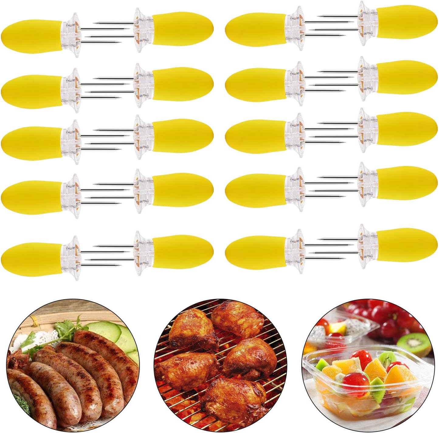 Stainless Steel Corn Holders,Silicone Handle,Non Slip Corn Forks, Interlocking Jumbo Corn Forks,Large Handle Pin Grips,Set of 20 [10 Pairs],Perfect for Home Cooking and BBQ (Yellow)