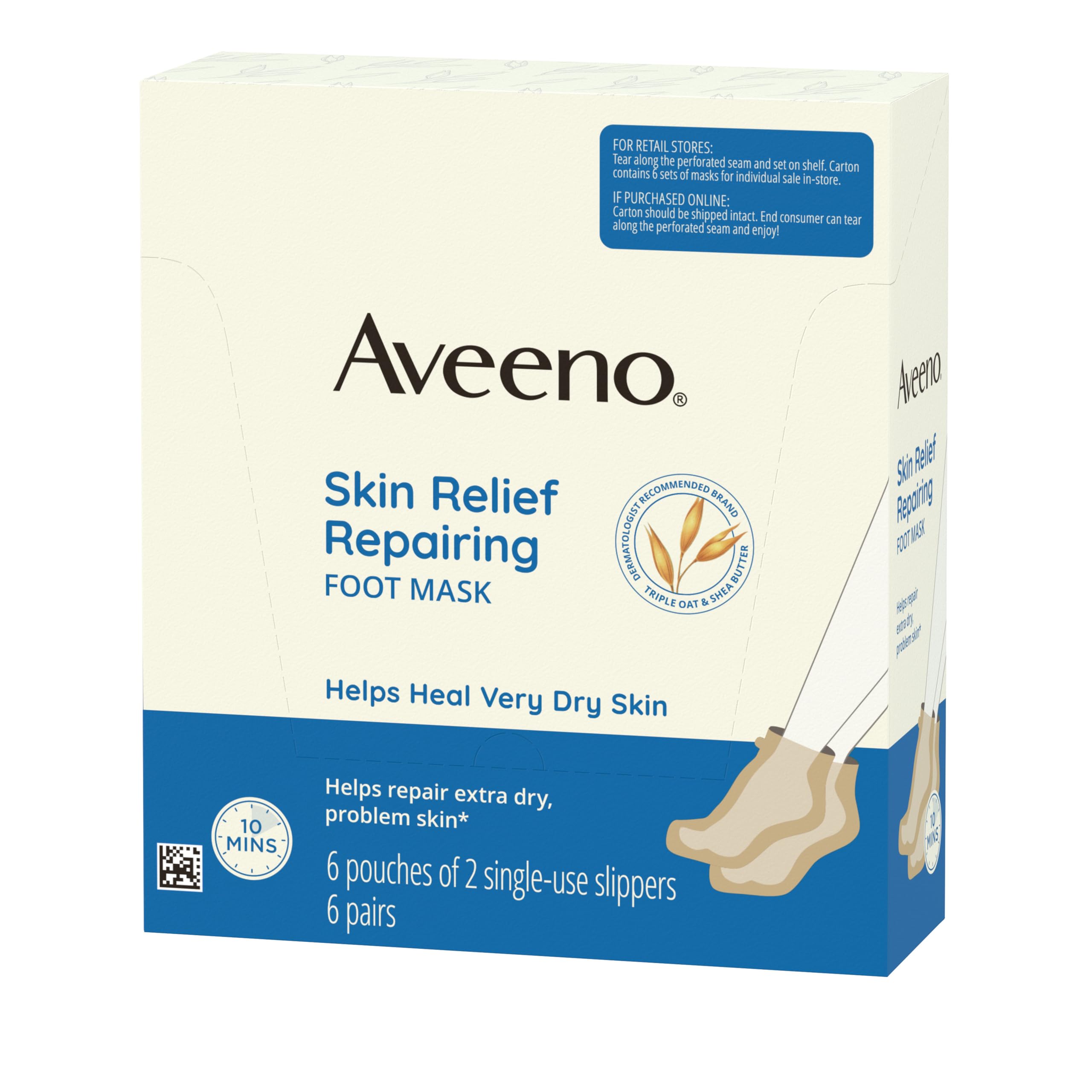 Aveeno Skin Relief Repairing Foot Mask with Prebiotic Oat & Shea Butter, 6 Pairs
