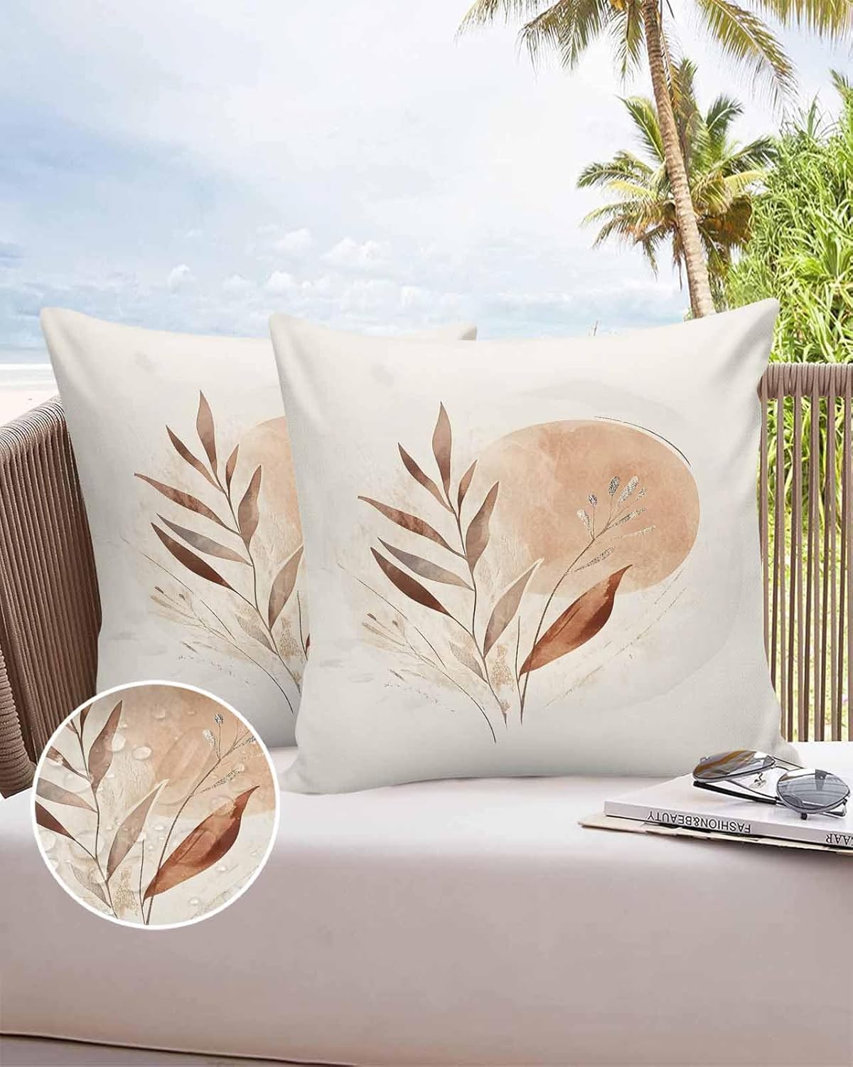 Pack of 2 Bohemian Art Outdoor Pillow Waterproof Covers 26x26 inch, Color Block Leaves Plant Polyester Throw Pillow Covers Garden Cushion Decorative Case for Patio Couch Decoration