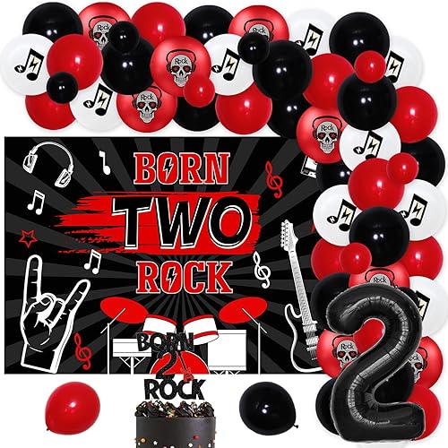 Miniatura 8 de 77 piezas de decoraciones de cumpleaños Born Two Rock para niñas, suministros de fiesta de segundo cumpleaños de Rock and Roll con telón de fondo de