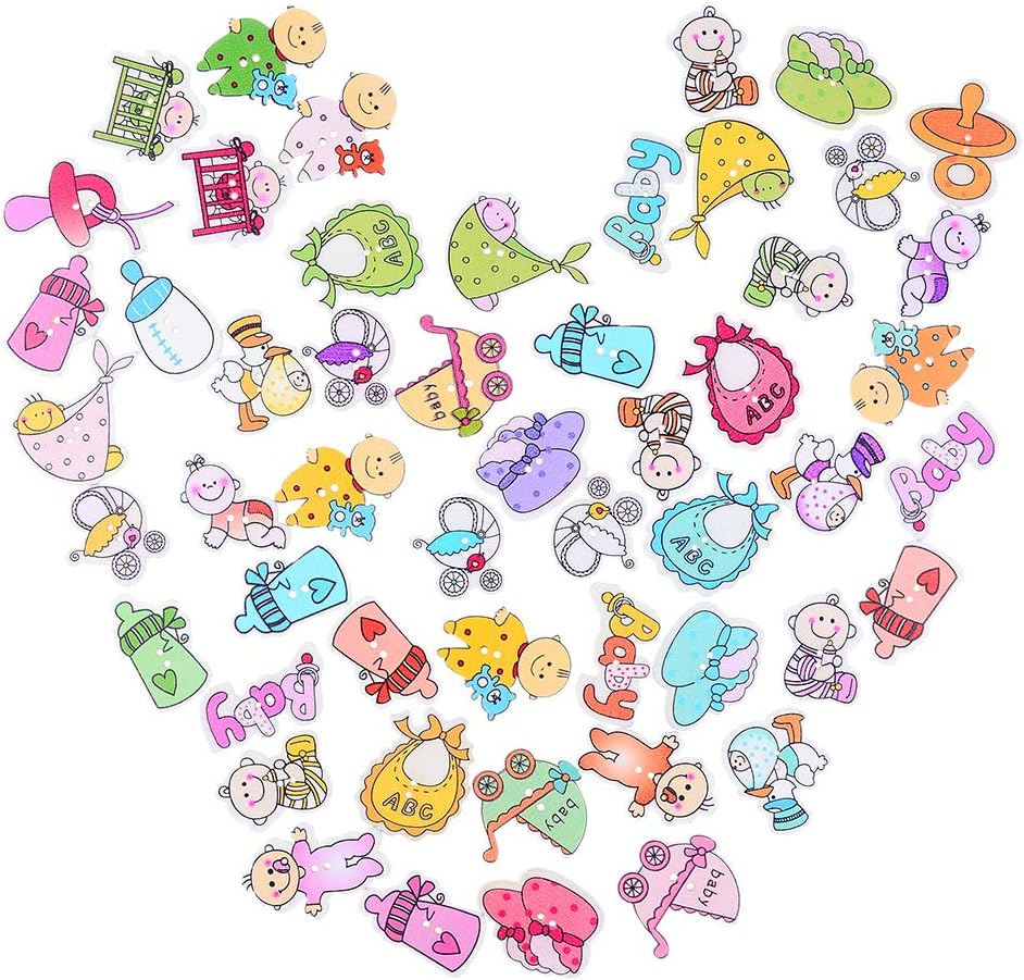 STRUM 50pcs Assorted Cartoon Design Wooden Buttons for Crafts Scrapbooking or Sewing, Baby Shower, Baby Clothes Decor