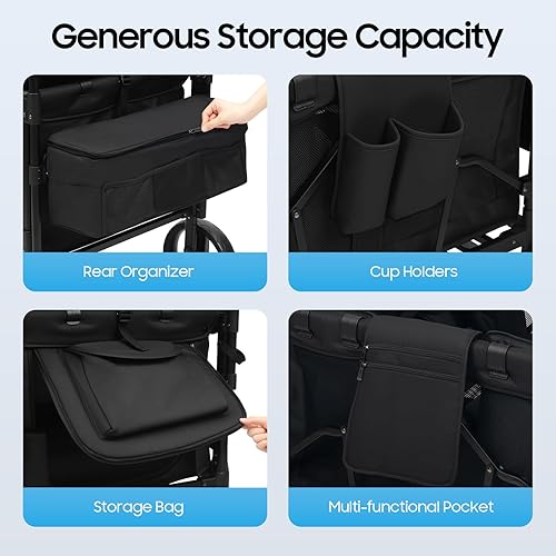 Miniatura 5 de Cochecito plegable de 4 plazas, carrito todo terreno con toldo extraíble, cochecito plegable con mango ajustable y arneses de 5 puntos para jardín y