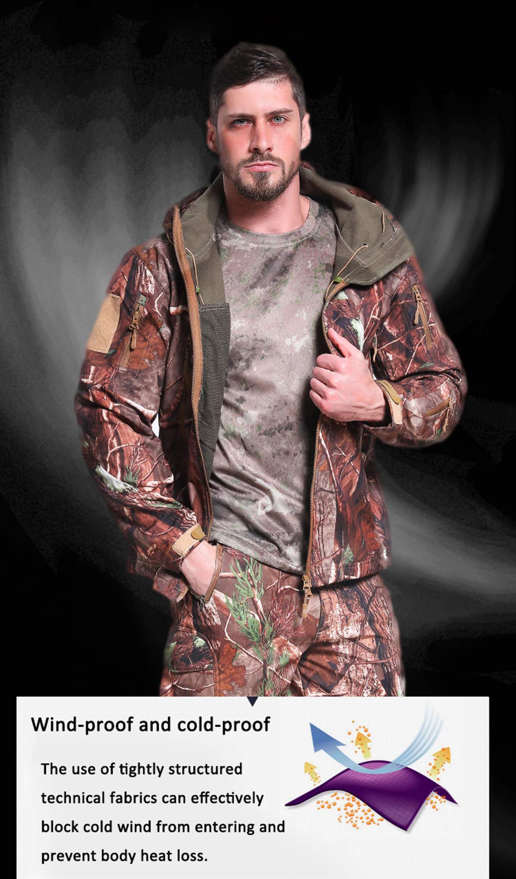 Homme Tactique Camouflage Veste Imperméable Softshell Doublure en Polaire Automne Hiver Outdoor Trekking Chasse Alpinisme Blouson Manteaux à Capuche
