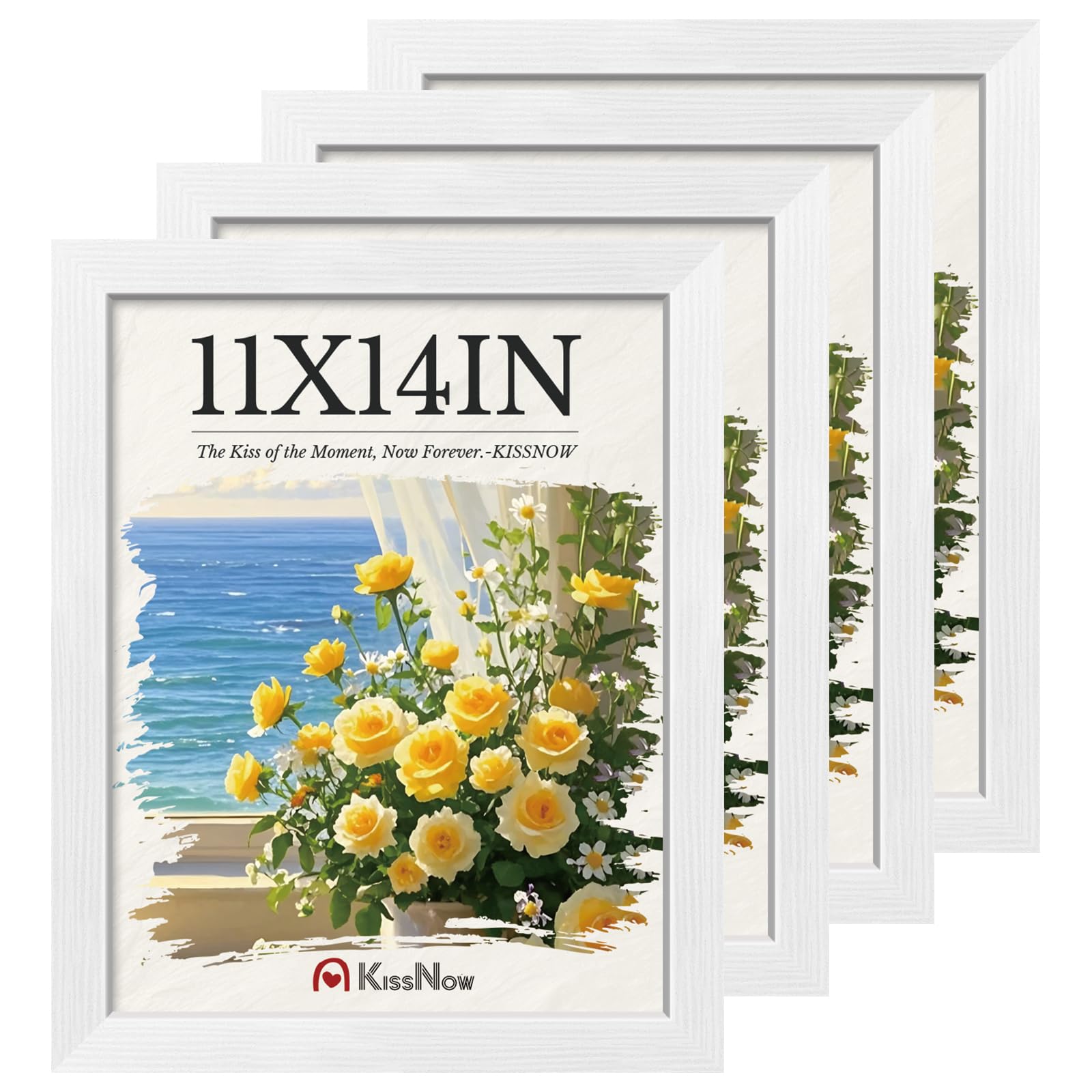 KissNow 11x14 Picture Frame 4 Pack, White Solid Wood, Wall Gallery Poster Frame