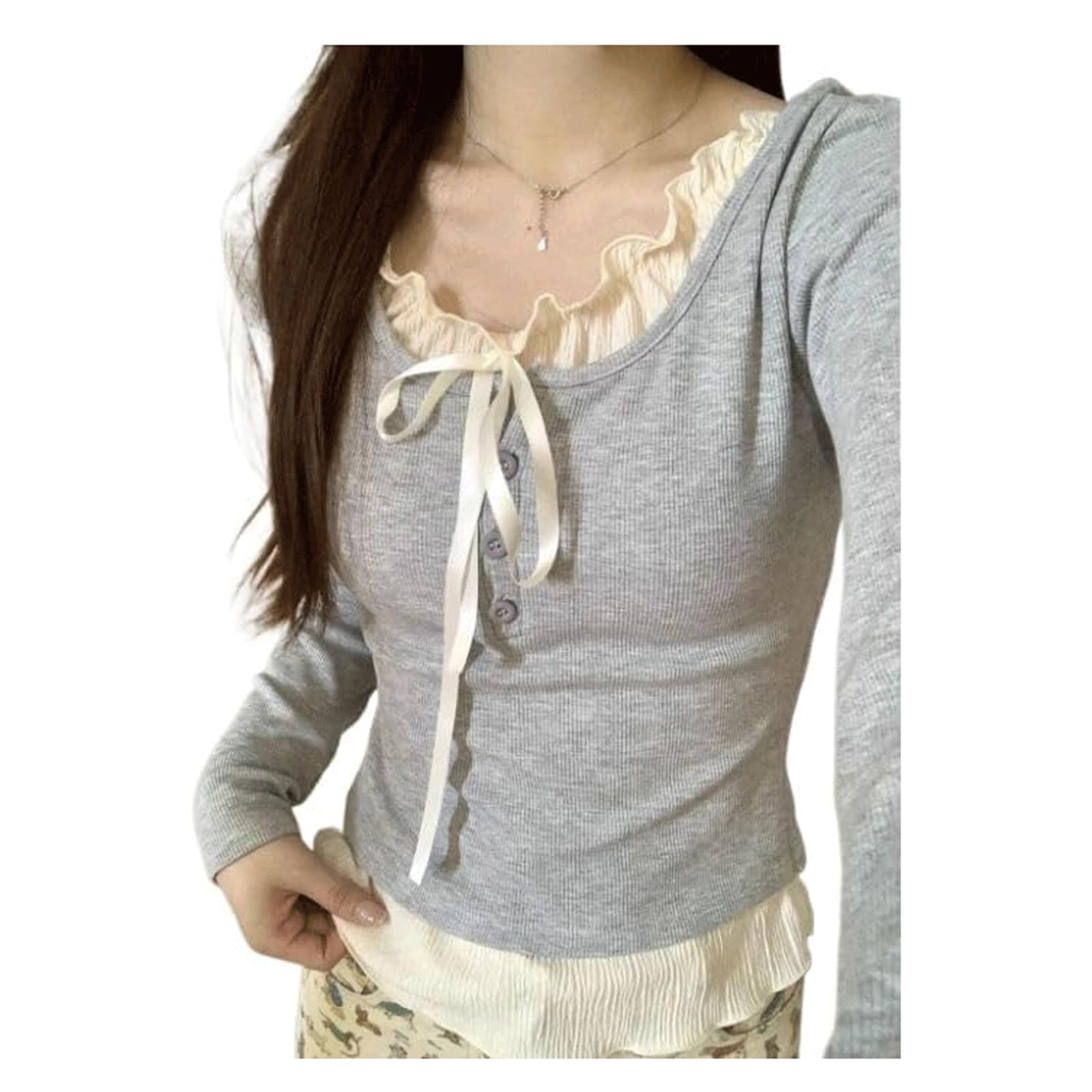 Y2K Coquette Shirts for Women Lace Patchwork Tight Crop Tops Aesthetic Baby Tee Bow Tie Cutecore Clothes Grey
