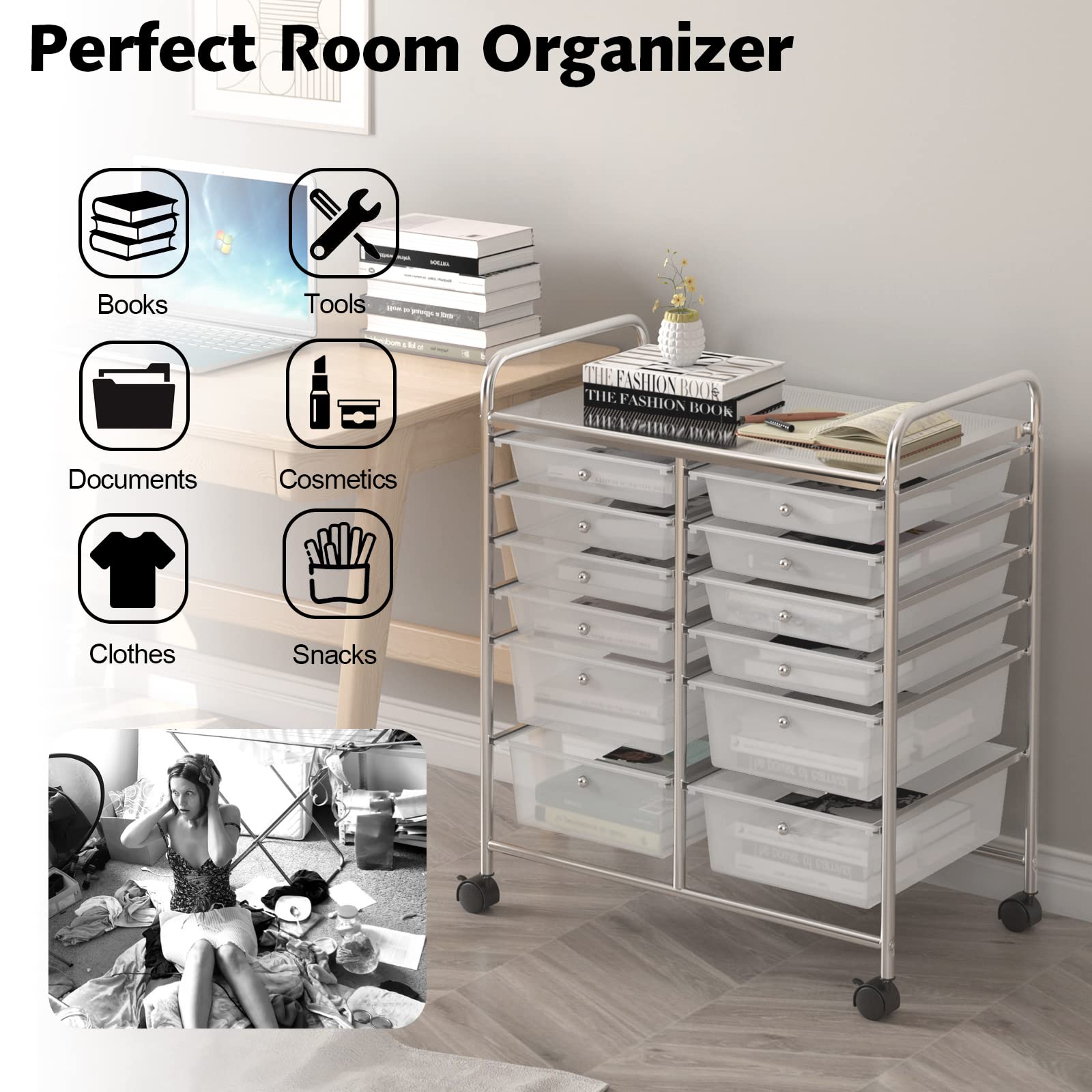 GIANTEX Carrello Portaoggetti con Ruote, 12 Cassetti Rimovibili, Carrello a Rotelle per Soggiorno, Ufficio, Camera da Letto, 64x38x75 cm, 3 Colori