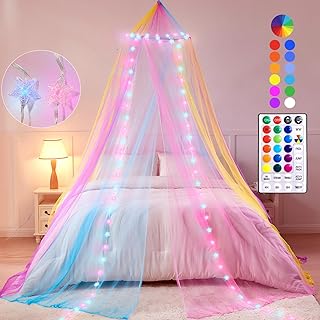 Lovelite Bed Canopy for Girls with Lights, Rainbow Canopy Bed Curtain wi...