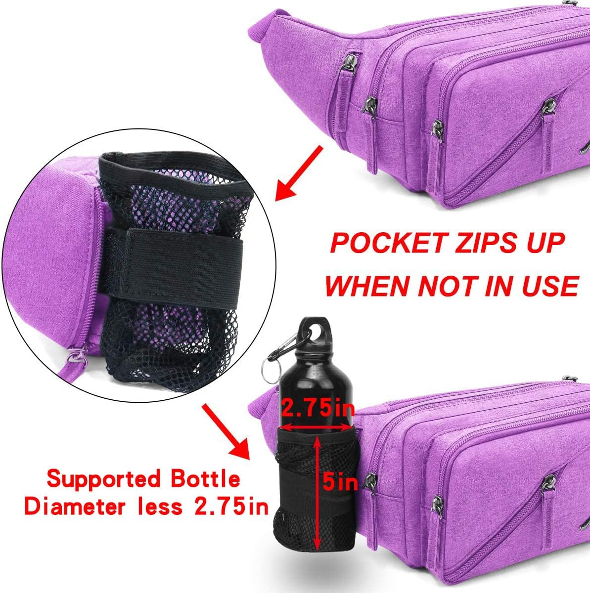 Fanny Pack Waterproof Waist Bag Pack Men Women Hip Bum Bag With Water Bottle Holder Adjustable Strap Suitable For Outdoors Workout Traveling Hiking Cycling Dog Walking Pouch Bag(Purple) - Image 2