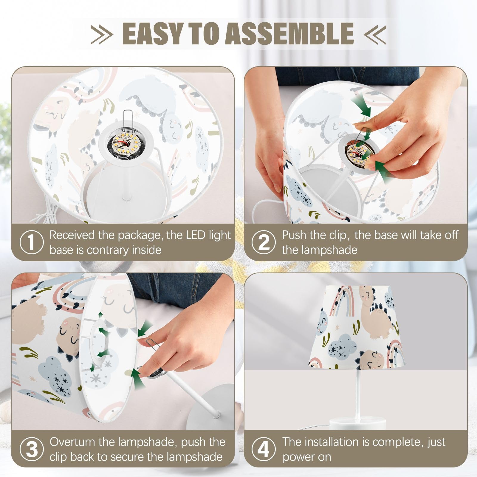 Mnsruu Lámpara de mesita de noche con diseño de dinosaurio infantil, 1 lámpara de mesa, bombillas LED, lámpara de escritorio, pantallas de tela para dormitorio, sala de estar, tamaño mediano