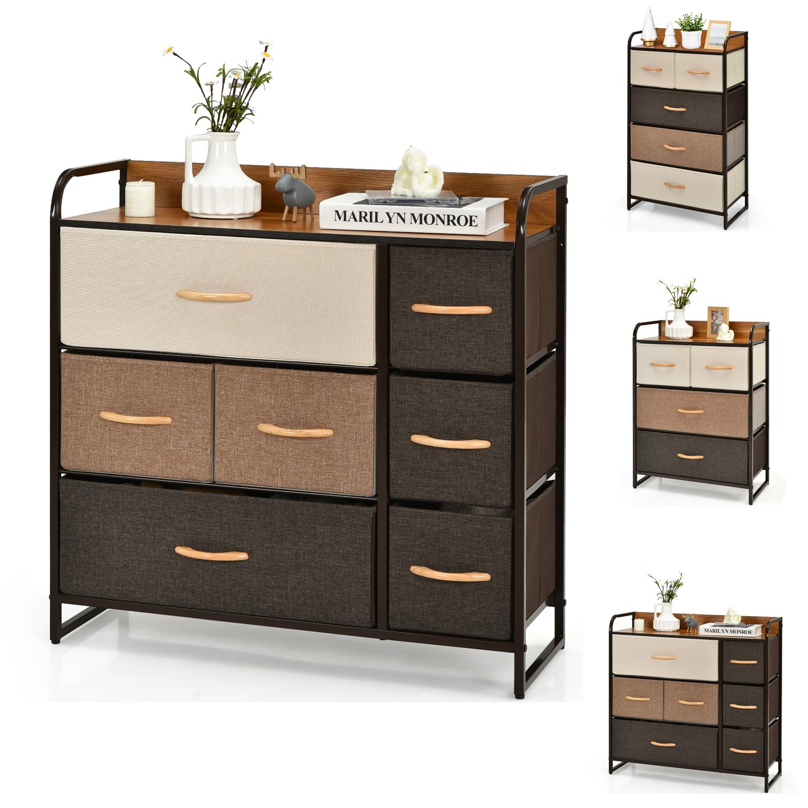 HOMASIS Cassettiera Camera da Letto con 7 Cassetti Pieghevoli, Comò in Tessuto con Ripiano in Legno, Struttura in Ferro, Settimino Multicolore per Salotto, Marrone, 80 x 29 x 79 cm