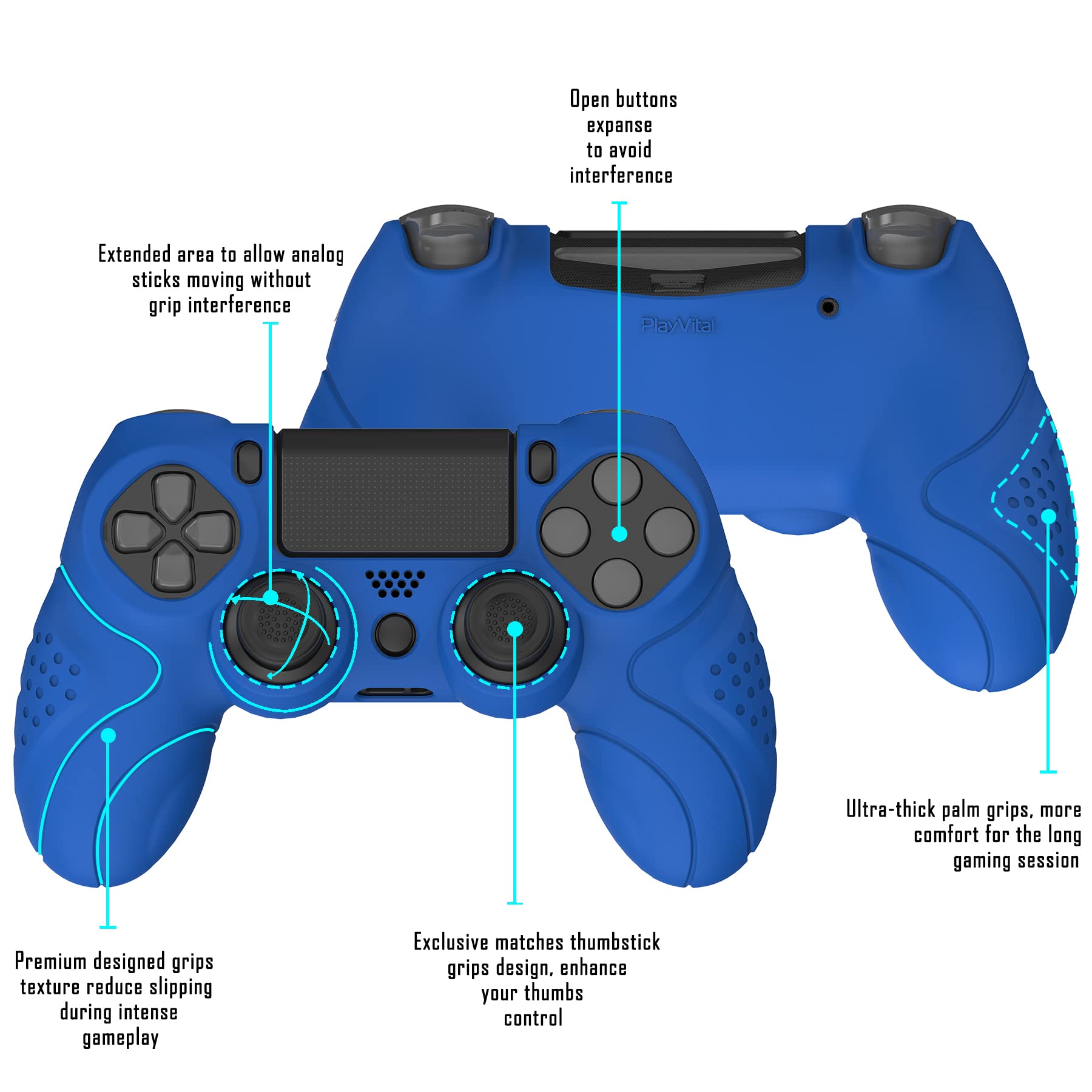 playvital Protection pour ps4 Coque Manette,Housse Silicone avec Capuchon Joystick pour ps4 Slim Pro Controller Skin Cover-Bleu,Guardian Edition - 4