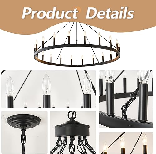 Vista 21 de Candelabro de iluminación de rueda de carro, 6 luces con pantalla de vidrio semillado, lámpara redonda de madera para cocina, isla de vestíbulo