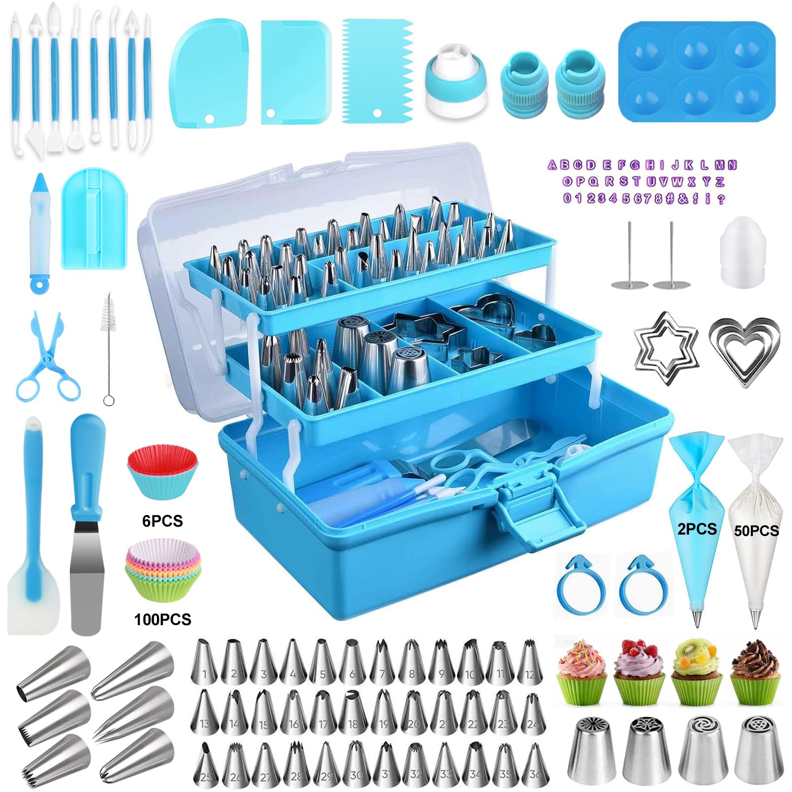 Kit de suministros para hornear para decoración de pasteles, 46 puntas de tubería y 51 bolsas de glaseado con caja de herramientas de 3 capas, herramientas para hornear fondant, cupcakes, galletas,