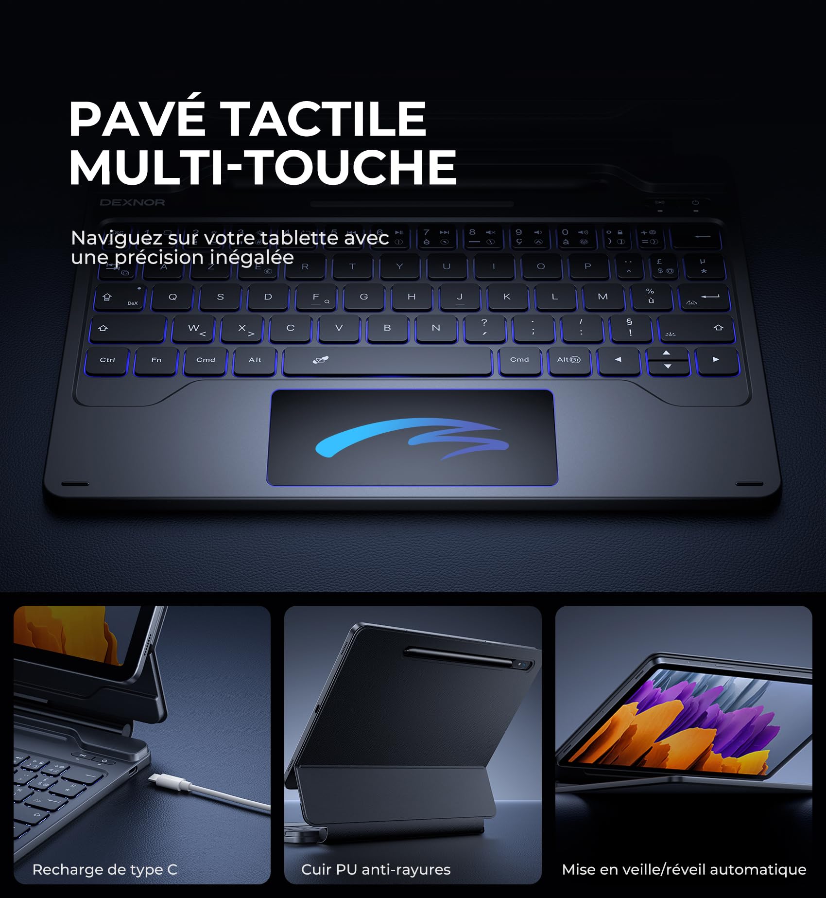 Dexnor Clavier Tablette pour Samsung Galaxy Tab S10 Lite/S10 FE/S9 FE /S9 10,9"/11" Magic Style Keyboard Magnétique avec Pavé Tactile Rétroéclairé Bluetooth avec Porte-Stylo AZERTY Français, Noir