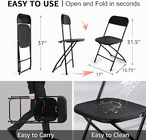 Miniatura 3 de Paquete de 8 sillas plegables negras, silla plegable comercial apilable portátil, silla plegable de plástico para interiores y exteriores, para