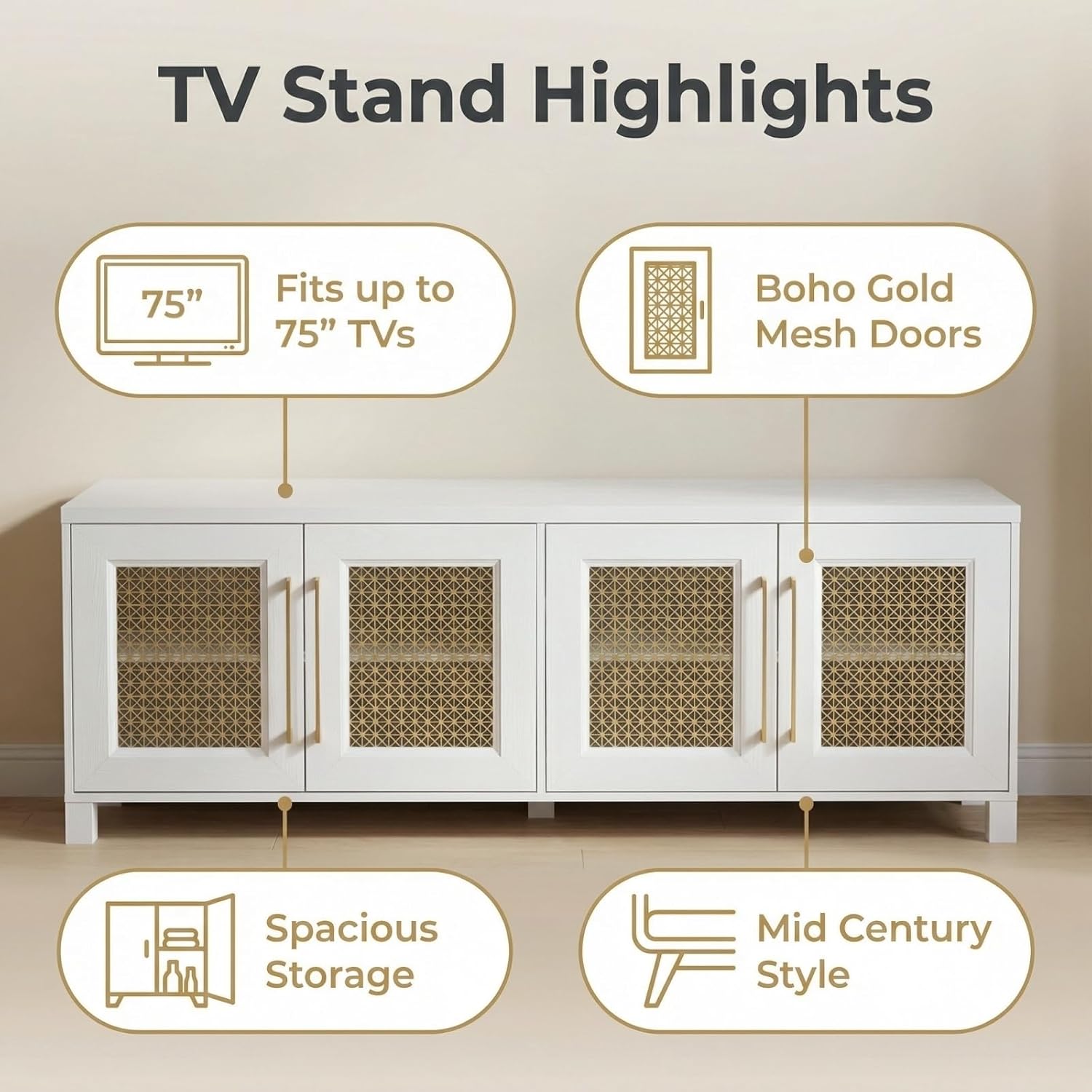 JYED Boho TV Stand for 65/70/75 inch TV, White TV & Media Console with 4 Gold Metal Mesh Doors - Modern Entertainment Center with Storage Cabinets for Living Room, 69.5" L