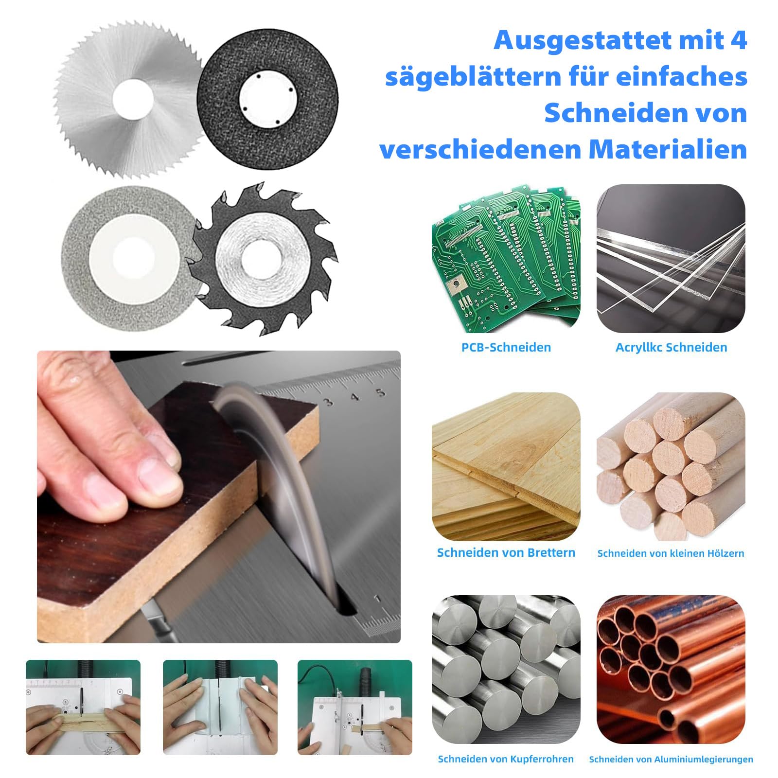 Mini Tischkreissäge mit 4 Klingen, 96W Tischsäge Klein mit 7-Gang-Netzteil Einstellbarer, 0,1-15mm Sägeblatt Höhenverstellbarer, Multifunktionale Table Saw Präzisions Ttischsäge für Holzbearbeitung
