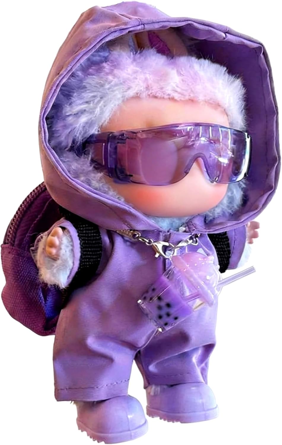 Doll Clothes for LABUBU – Hot Pink Windbreaker 4-Piece Outfit Set | Adorable 17cm Doll Clothes with Hooded Jacket, Glasses, Bag & Shoes | Complete Fashion Accessory Set (Doll Not Included)