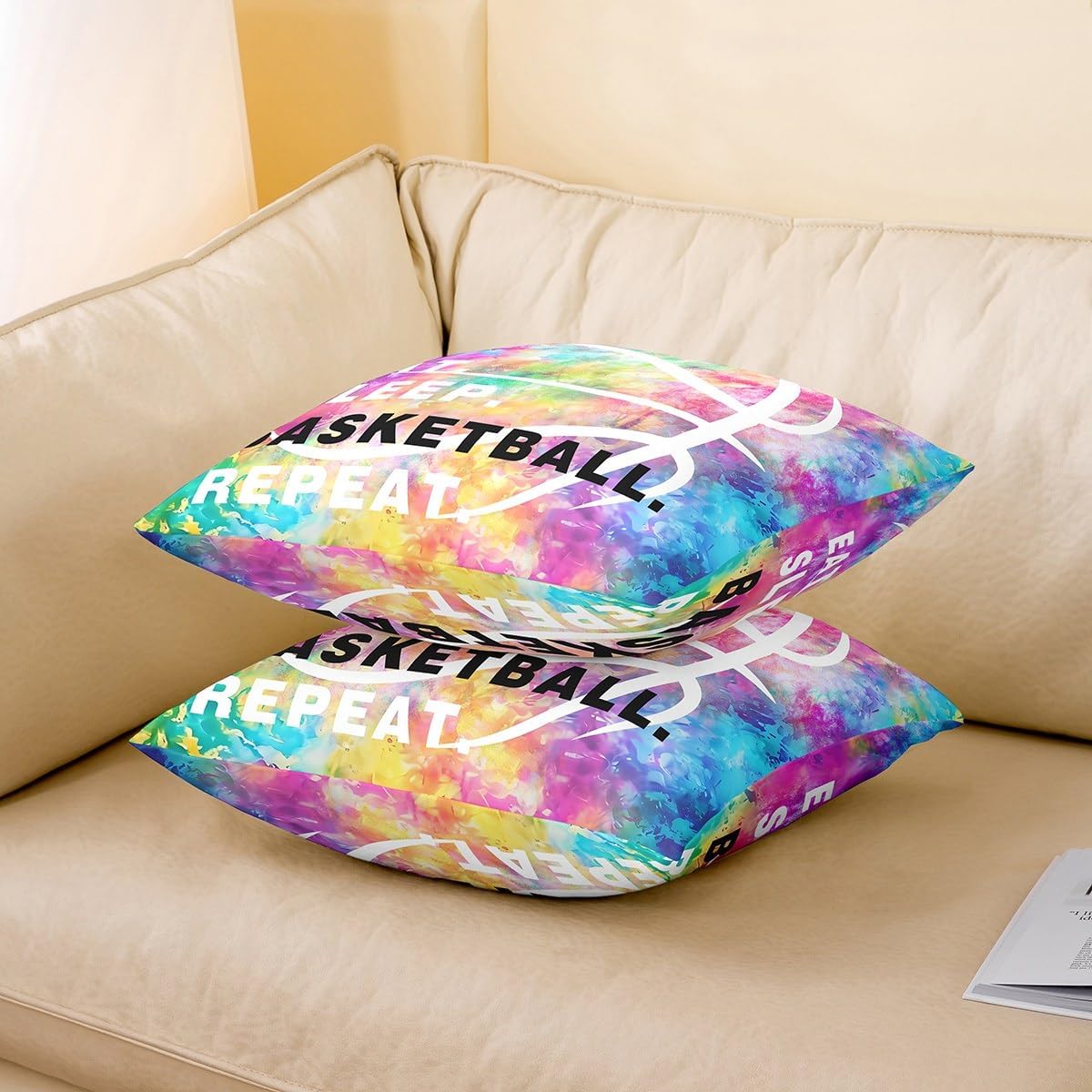 Feelyou Tie Dye Basketball Throw Pillow Covers 24 x 24-Inch, Eat Sleep Basketball Square Cushion Covers Set of 2,Kids Boys Girls Teens Ball Games Pillow Covers Gaming Sports Cushion Covers for Sofa